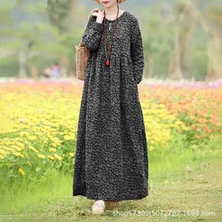 Women Fashion Floral Muslim Dress Vintage Printed Dress Loose Middle Eastern Robe Casual Long Sleeve Abayas for Women Vestidos