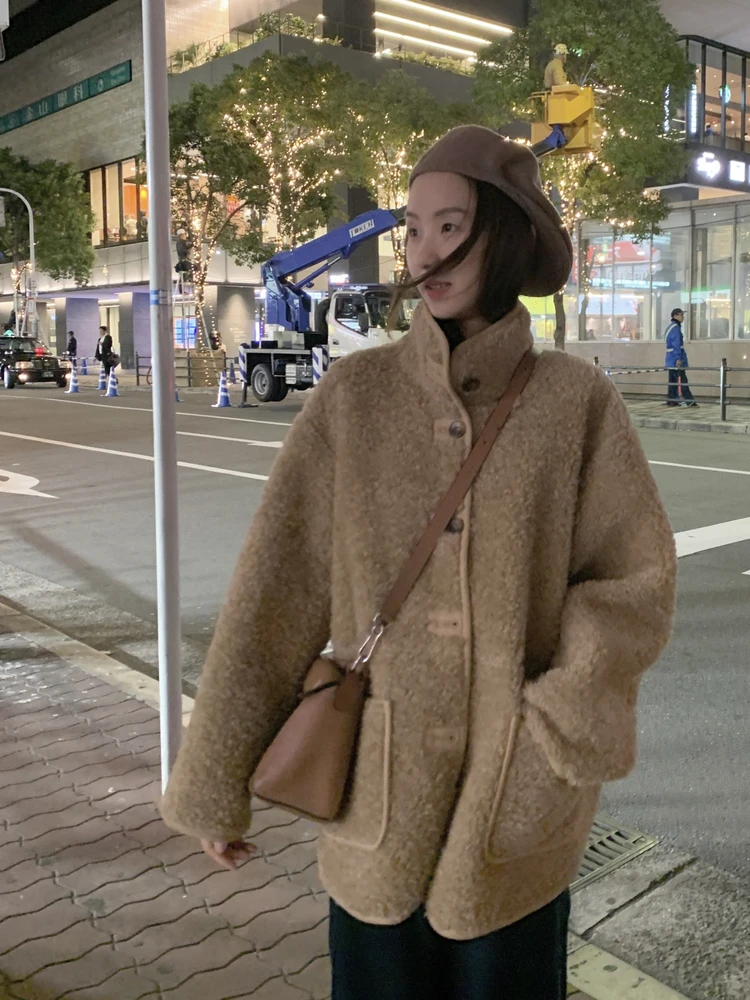 Jaqueta Feminina Fretaro de Lã Dupla Face Quente e Versátil, Nova Coleção de Inverno, Estilo Casual Solto de Manga Longa