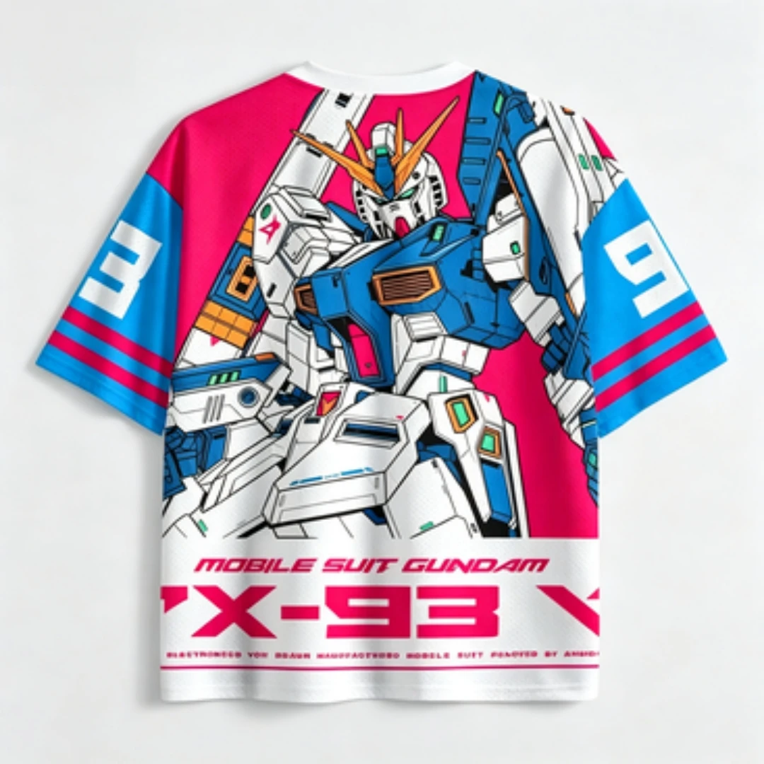 Gundam RX93 Printed Mesh Jersey, Breathable V-neck Anime Cosplay T-shirt, Mobile Warrior Mecha Robot Pattern Sports Jersey