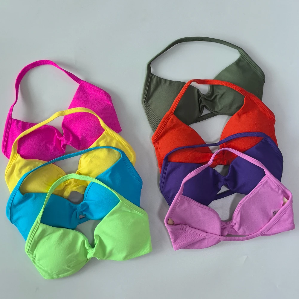 Strappy Bra Gym Crop Top Women Seamless Halterneck Bra High Stretch Removable Cups Push Up Backless Sports Bra Yoga Clothing