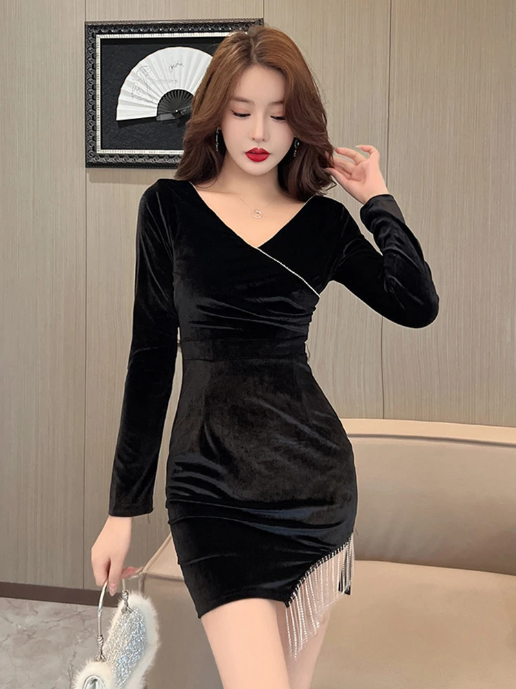 Abito corto aderente sexy in velluto rosso vino da donna manica lunga slim nappa lucida mini vestido mujer party club abiti da donna capodanno