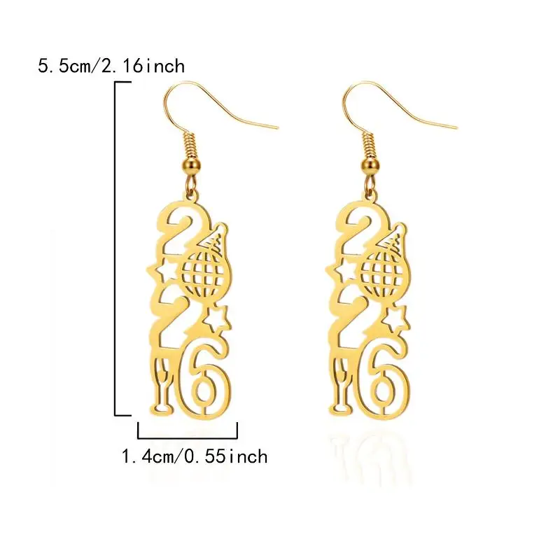 الفولاذ المقاوم للصدأ عدد 2026 قلادة إسقاط أقراط للنساء الرجال الذهب اللون ستار قرط على شكل قلب السنة الجديدة مجوهرات هدية