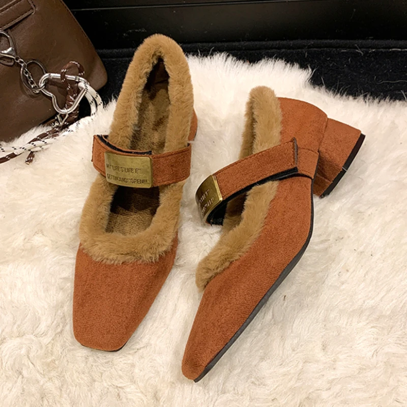 

Fur Women Mary Jane Shoes Suede Fashion Heeled Elegant Cotton Shoes 2025 Winter New Pumps Snow Boots Dress Luxury Mujer Zapatos