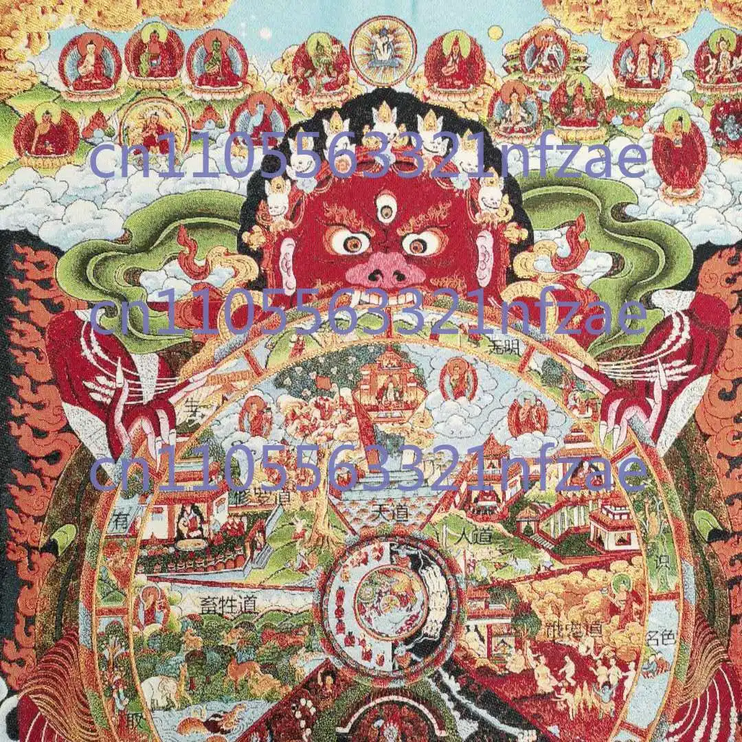 Obraz Thangka z tybetajskiej tkaniny jedwabnej, 91 cm, przedstawiający 6-stopniową drabinkę życia, Rulai, buddyzm, Tangka.