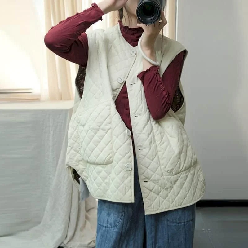 

Solid Waistcoat Women O-neck Lightweight Cotton Added Vests Korean Style Vintage Sleeveless Single Breasted Cardigans Women Tops