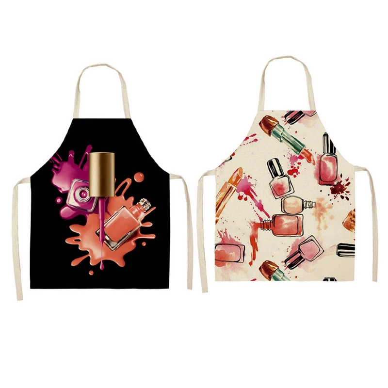 2Pcs Nail Polish Lipstick Kitchen Cotton Linen Aprons Bibs Household Cleaning Pinafore For Women Home Cooking Picnic