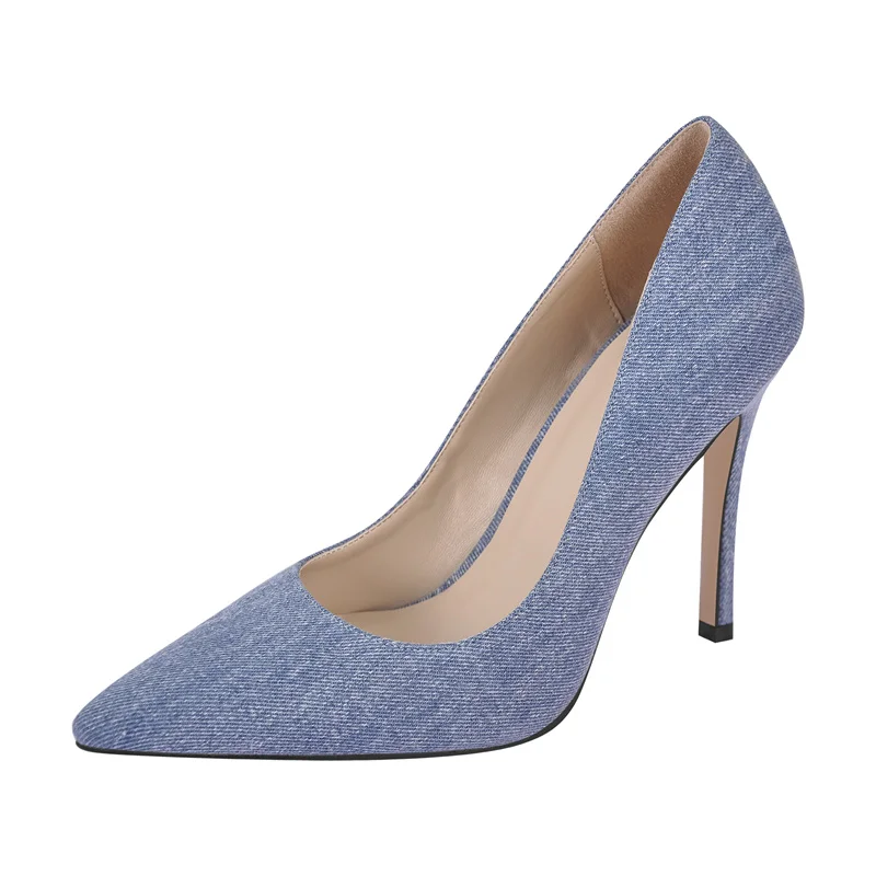 Onlymaker Women Pointed Toe Denim Pumps Elegant Evening Dress Large Size Basic Shoes Slip On Stiletto Heels