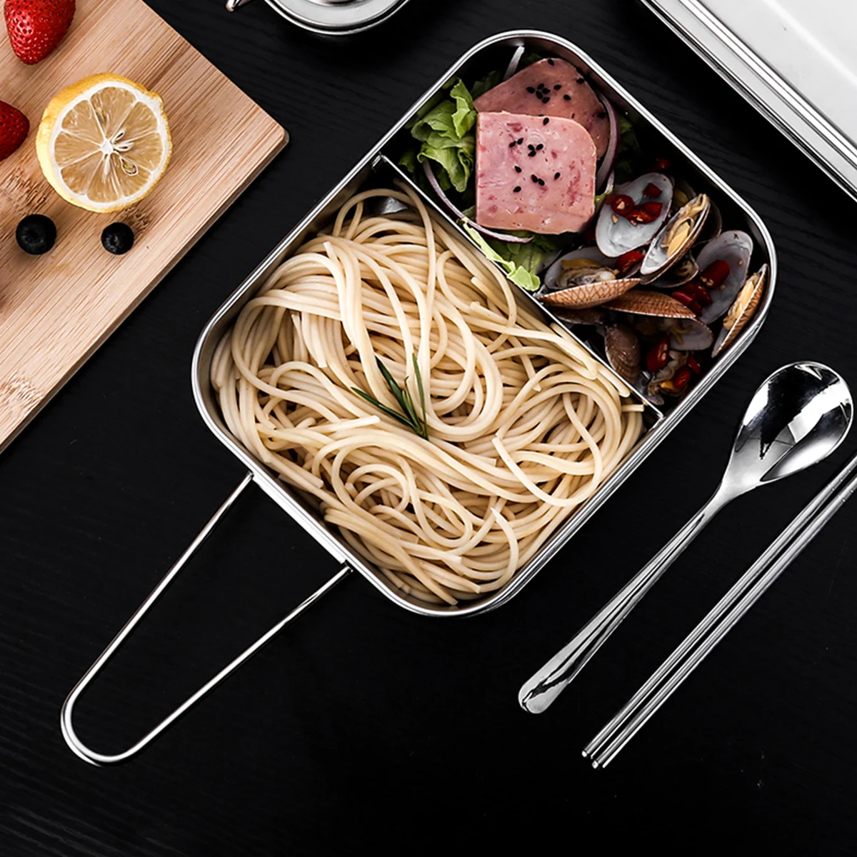 

304 Stainless Steel Lunch Box With Lid 2 Compartment Square Food Container Foldable Handle Heat Resistant Corrosion Proof For