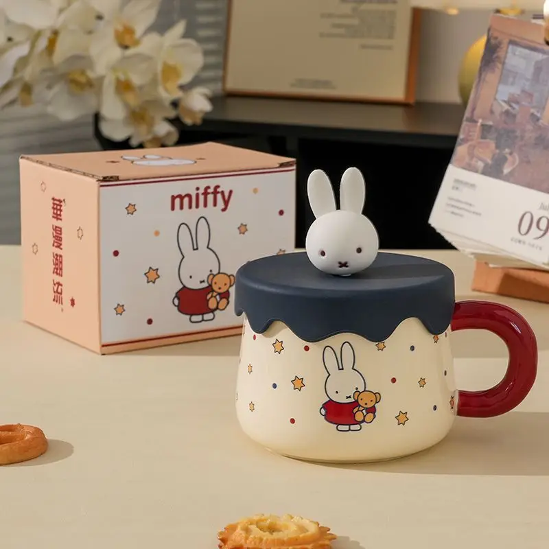 Kawaii Miffy Cute Ceramic Mug with Lid Office Couple Drinking Cup Home High‑grade Daily Tableware Beverage Container Cartoon