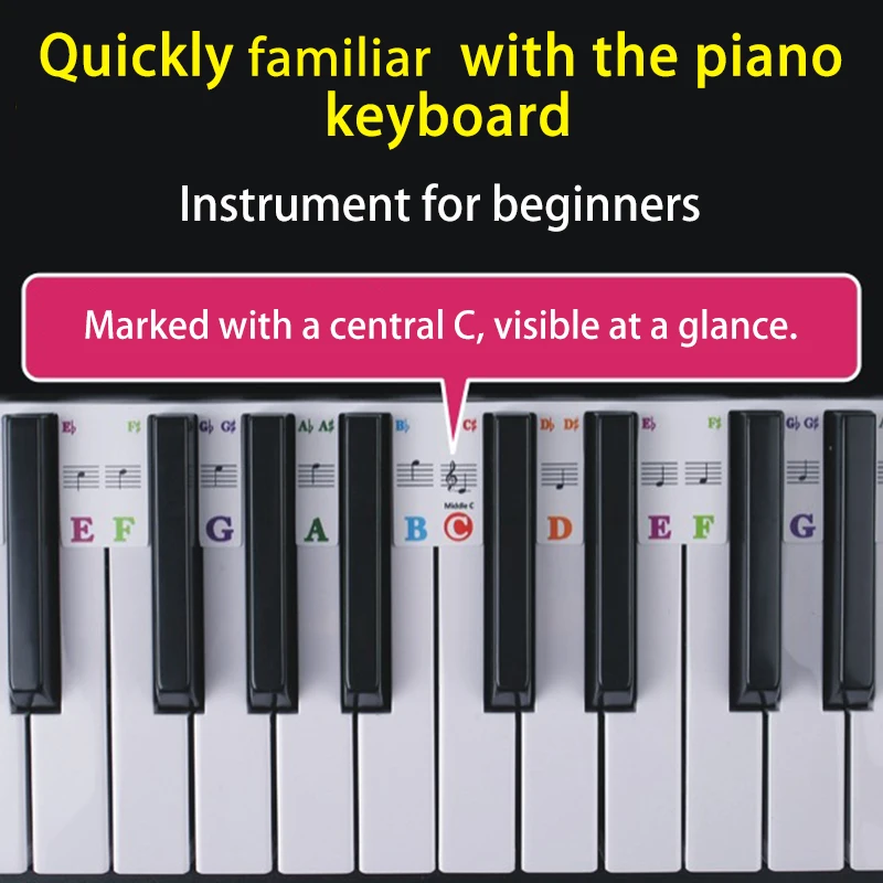 Pomocnik dla początkujących pianistów: etykiety na klawisze pianina 88/61 klawiszy, zdejmowane, do nauki oznaczeń nut.