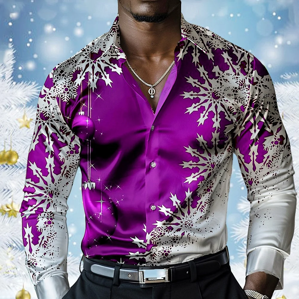 Christmas Men\'s Christmas Scene 3d Printed Formal Shirts Snowflake Casual Fashion Lapel Button Long Sleeve Party Men Shirt