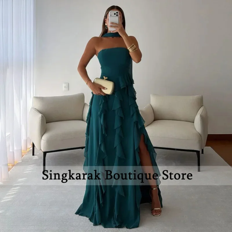 Chiffon Prom Dress with Ruffles Party Dress with Scarf A Line Evening Dress Side Slit vestidos de fiesta Customized