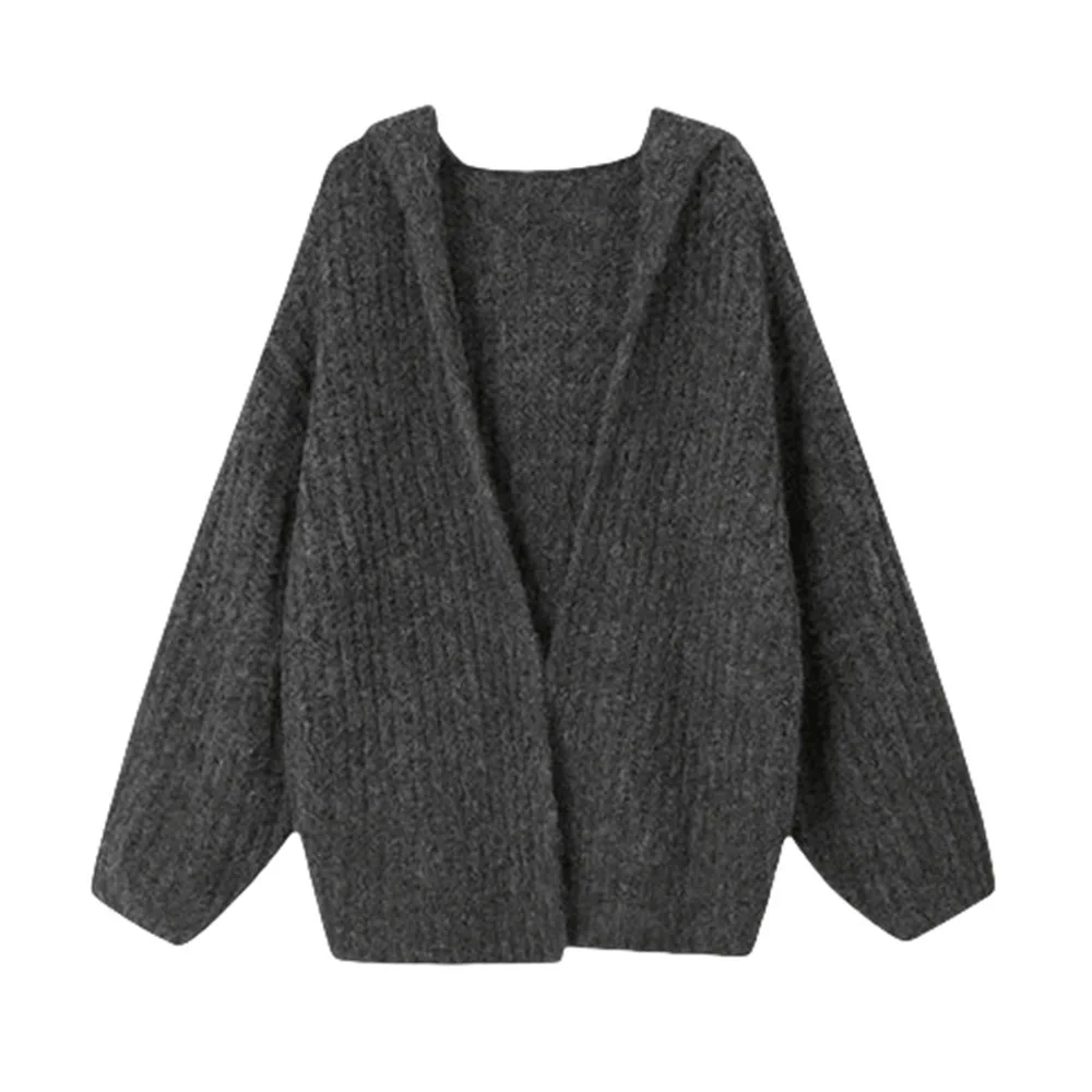 سترة محبوكة متوسطة الطول بتصميم كوري لخريف وشتاء 2025، سترة بقلنسوة فضفاضة ناعمة وشمعية، سترة وبلوزة نسائية #5