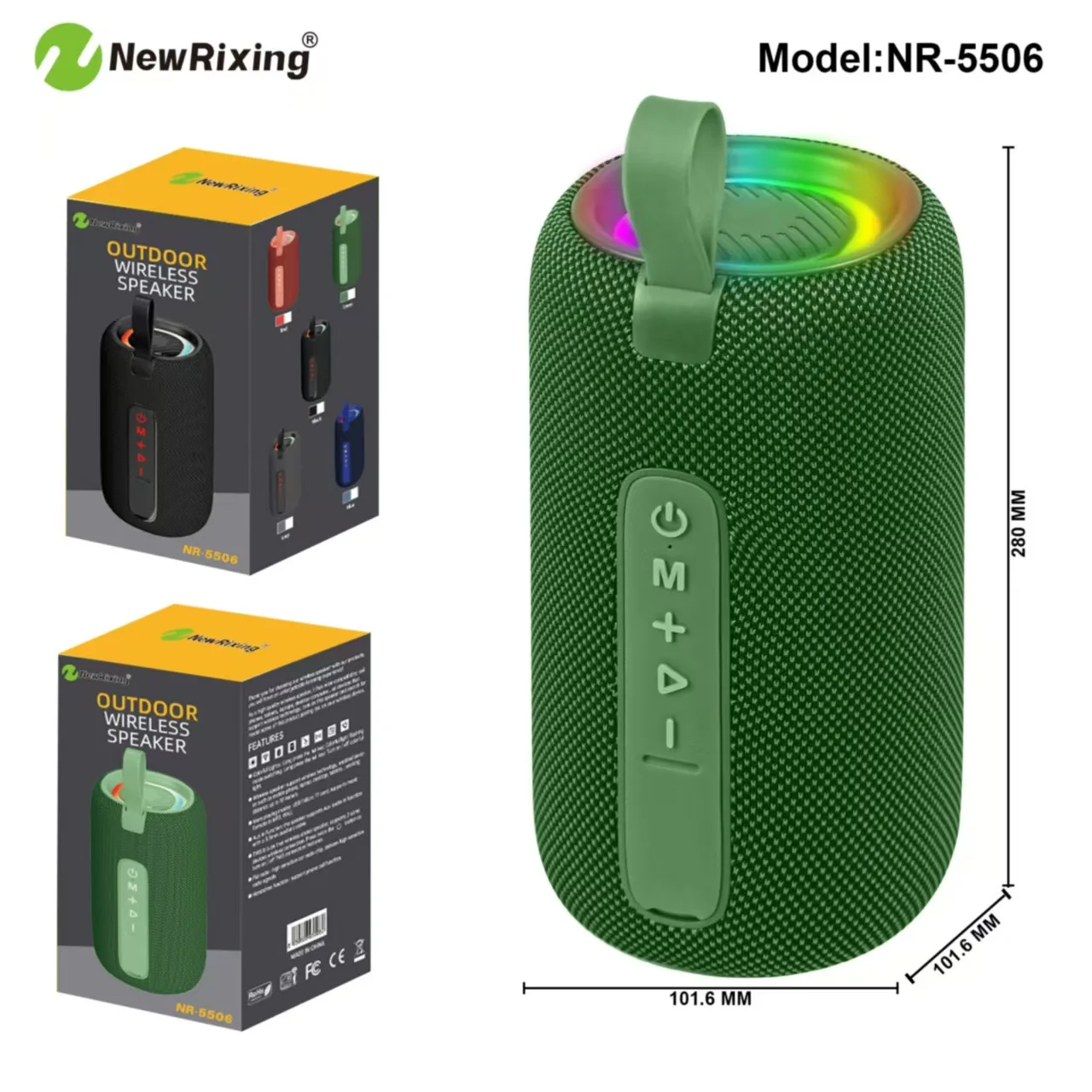 

Портативная Bluetooth-колонка NR-5506 с RGB-подсветкой, водонепроницаемая беспроводная стереоколонка IPX5 с глубоким басом для кемпинга и походов на природе