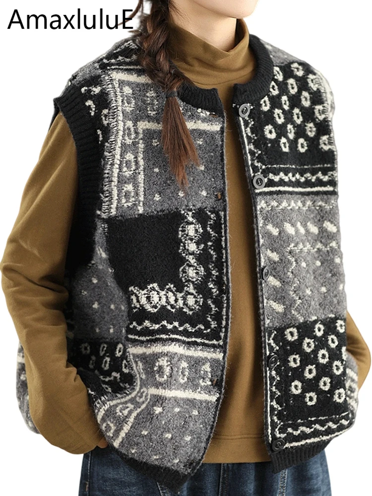 

Amax LuluE Winter Fashion Warm Printed Sleeveless Knitwear Womens Loose Warm Sweater Vest Ladies Classic Casual O Neck Cardigans