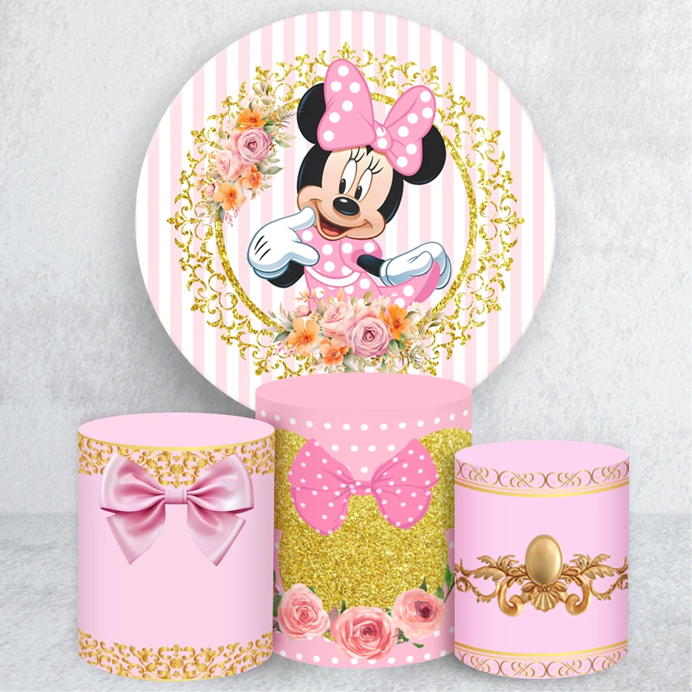 

TB Pretty Minnie Round Backdrop Cover Girl Birthday Party Baby Shower Pink Decor Cute Image Background Cylinder Cover Elastic
