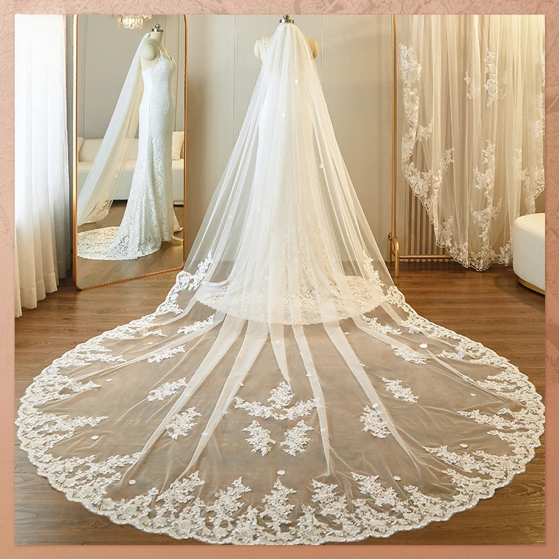 Voile de mariée ivoire blanc cassé pour femme, long voile de mariage cathédrale en dentelle, peigne en métal