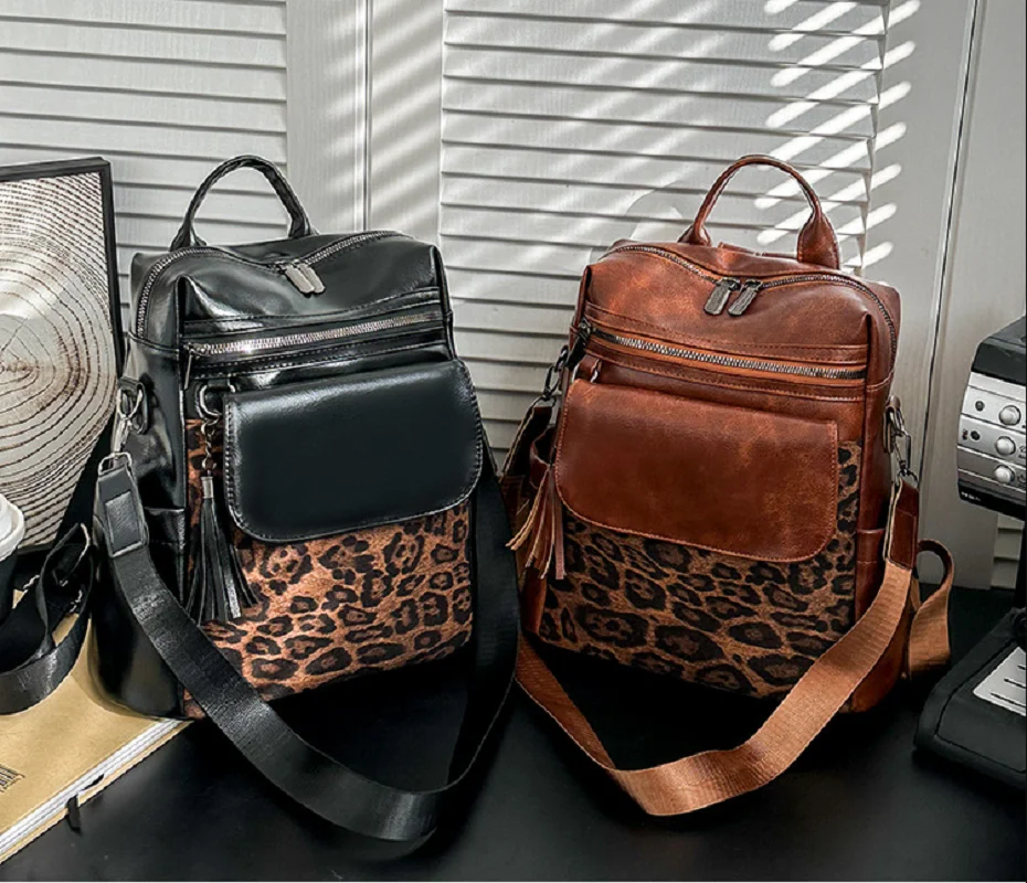 2025 Fashion Leopard Vintage Leather Travel Backpacks Women's Large Capacity Shoulder Bags Totes School Bag Crossbody Backpack