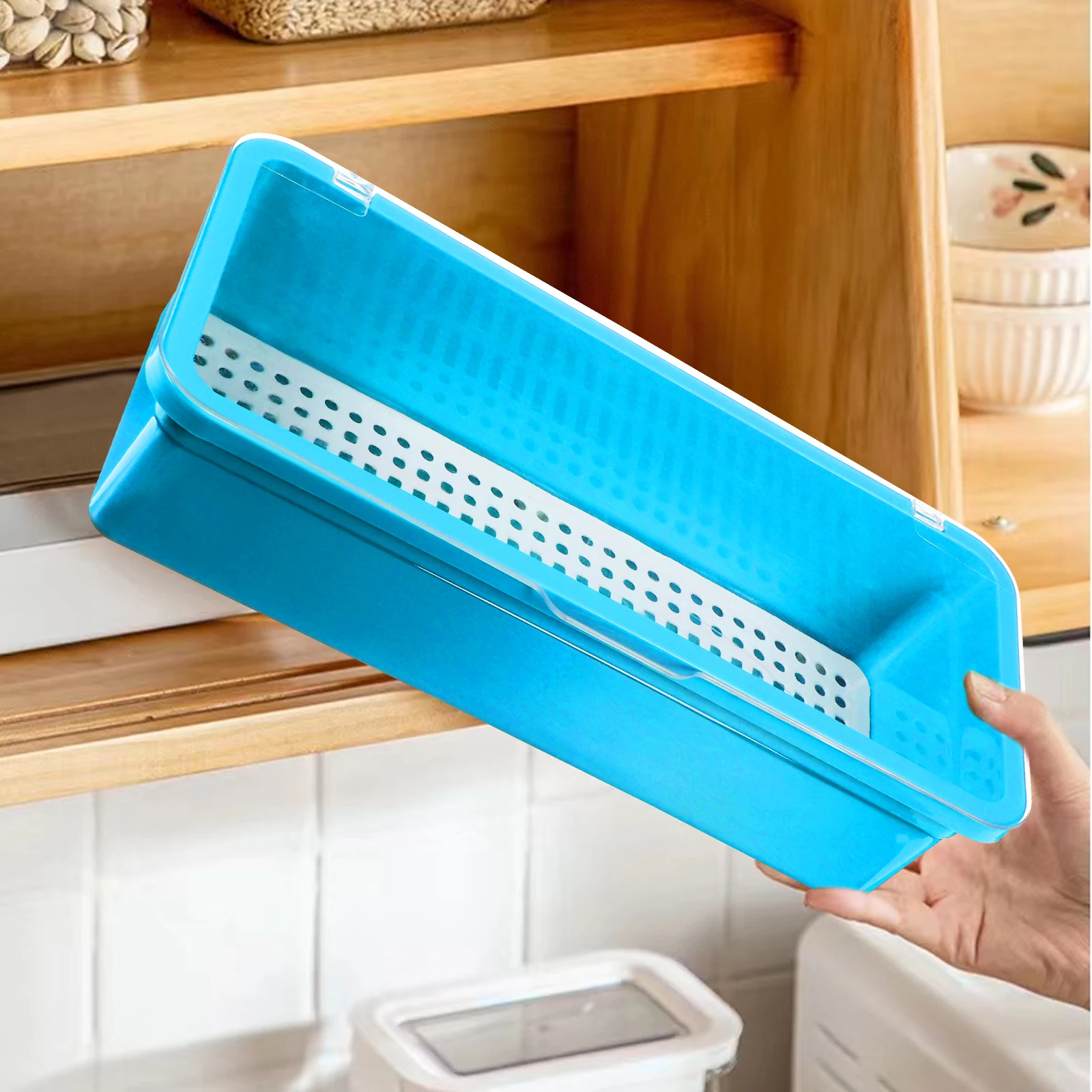 

2 pcs Flatware Trays Plastic Cutlery Organizer With Lid Silverware Storage Box Countertop Utensil Holder Drainage Drying Design