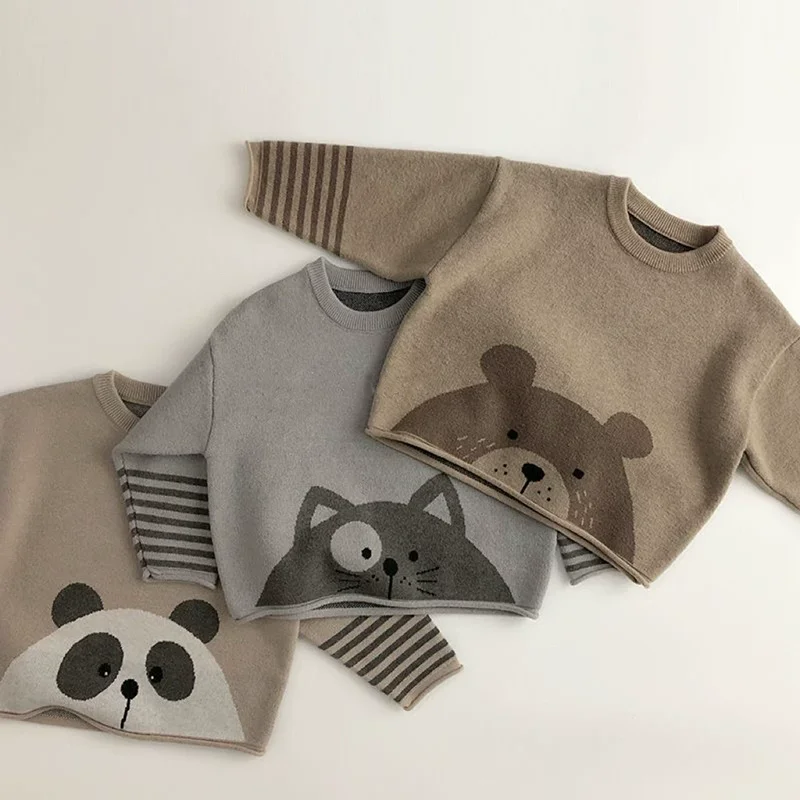 Baby Toddler Cartoon Panda Knit Sweater Boys Girls Round Neck Striped Cuff Long Sleeve Pullover Autumn Warm Kids Jumper Tops