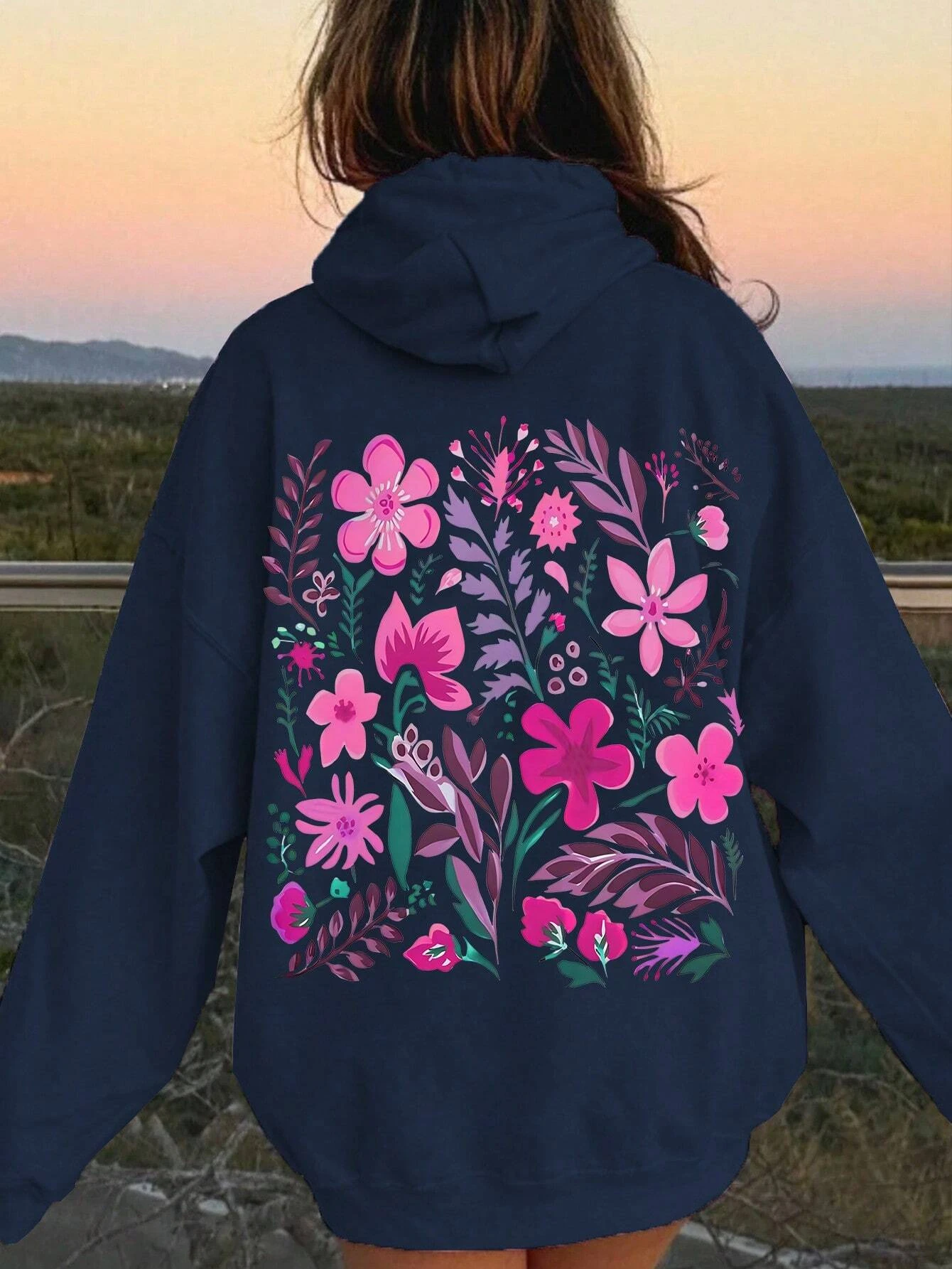 Pink Flower Printing Women Hoody Harajuku Loose Sweatshirt Fleece Warm Comfortable Hoodies Vintage Autumn Crewneck Woman Top