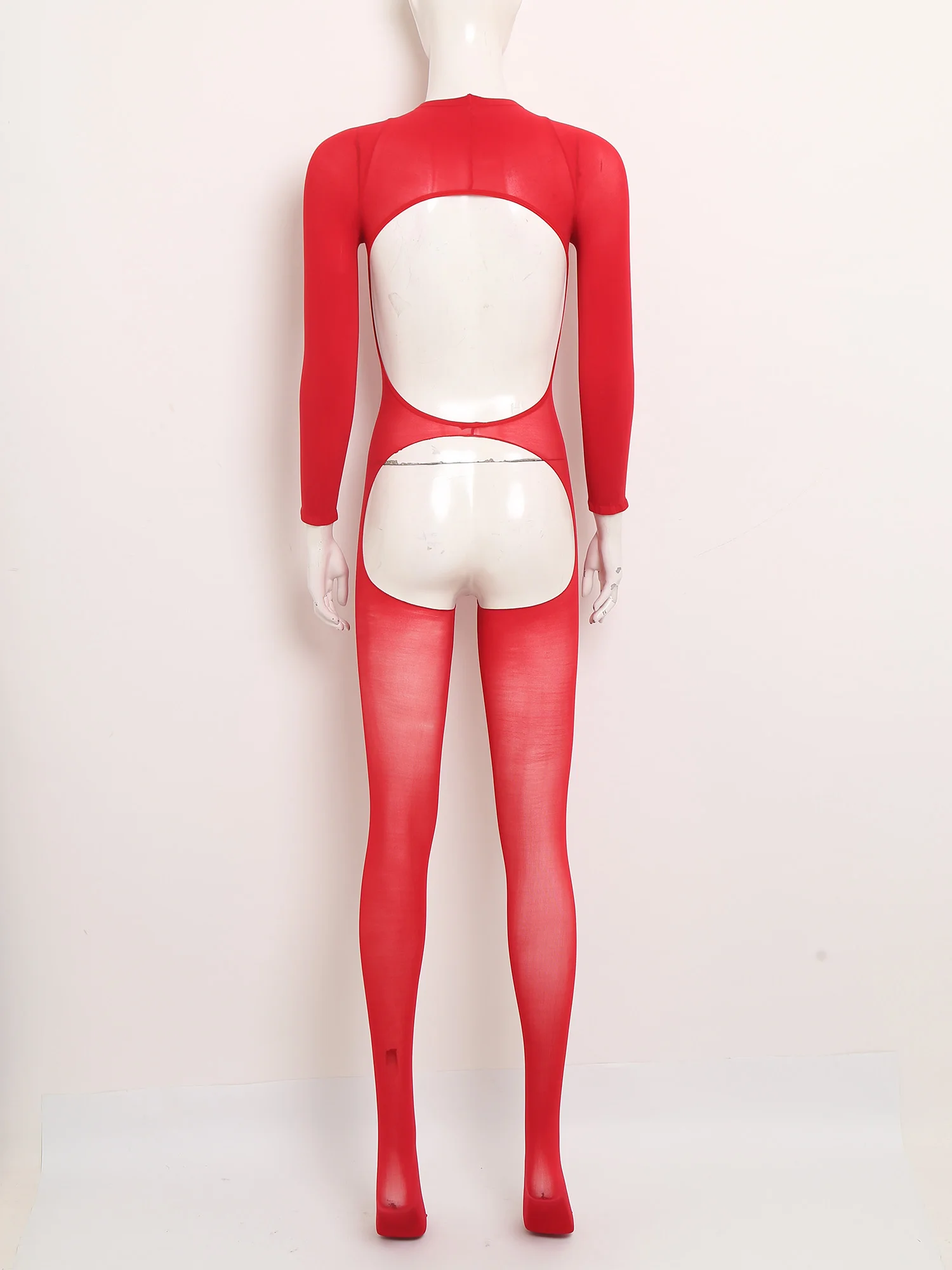 Women Glossy See Through Unitard Jumpsuit Sexy Back Hollow Out Open Crotch Butt Long Sleeve Footed Catsuit One Piece Nightwear