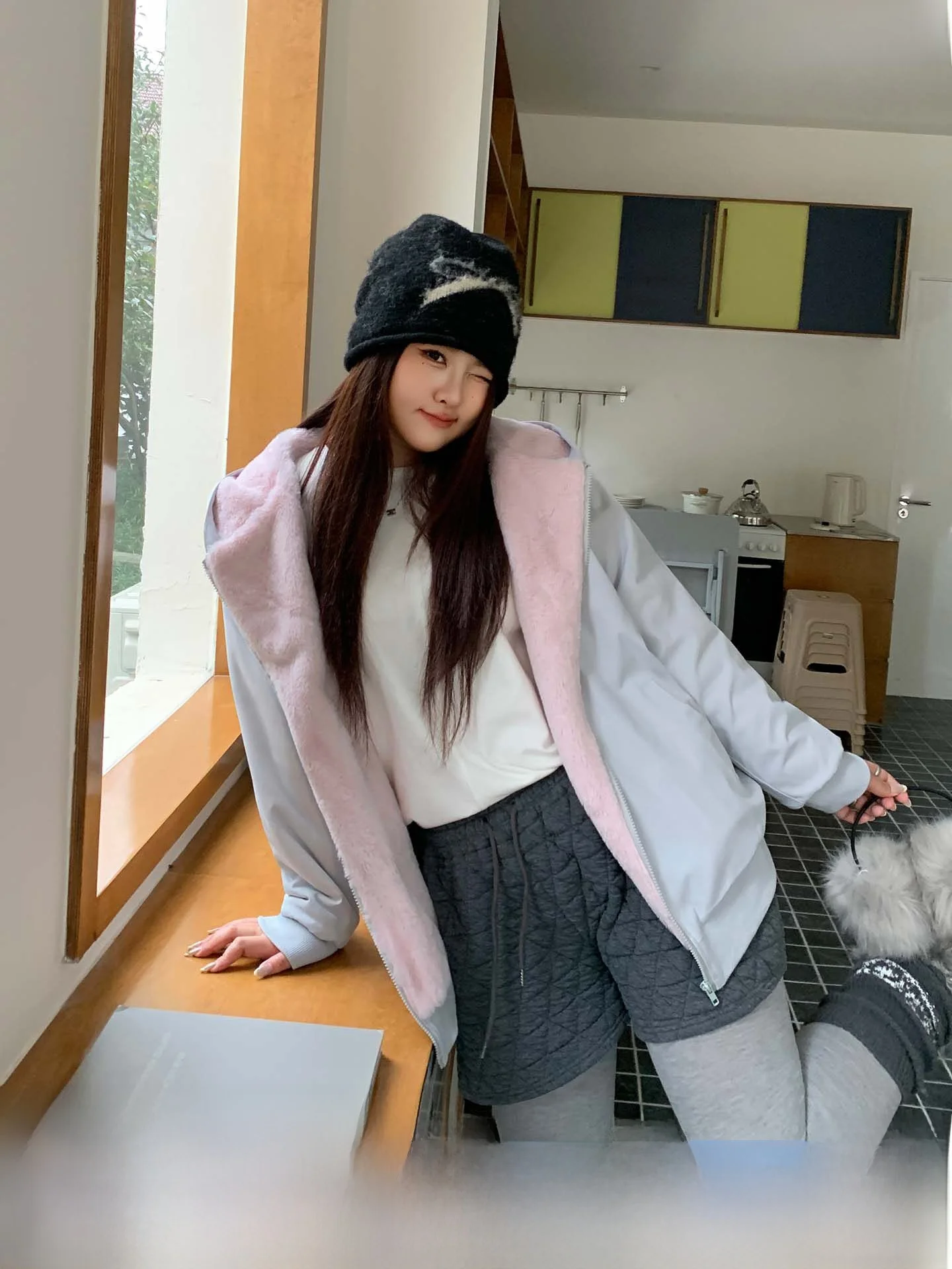

YUZI Fish Roe Heavy 630G Rabbit Velvet Lined Jacket Thickened Hooded Color Block Sweet Cool plus Size Women's Outerwear