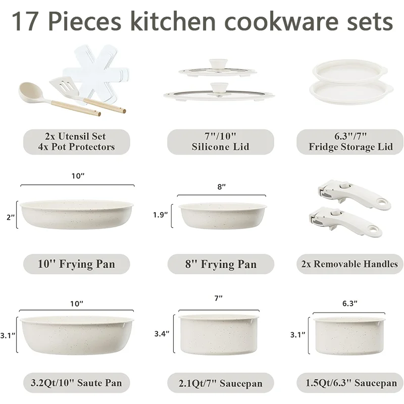 17 Piece Cook Ware Set Non Stick Cookware Silicone Spoon  Kitchen Utensil Set Detachable Handle Nice Set of Pots and Pans