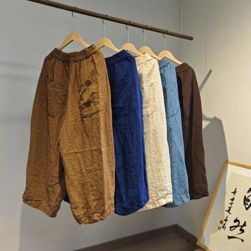 Spring Summer Style Women Elastic Waist Loose Ankle-length Pants All-matched Casual Cotton Linen Harem Pant Good Quality B885