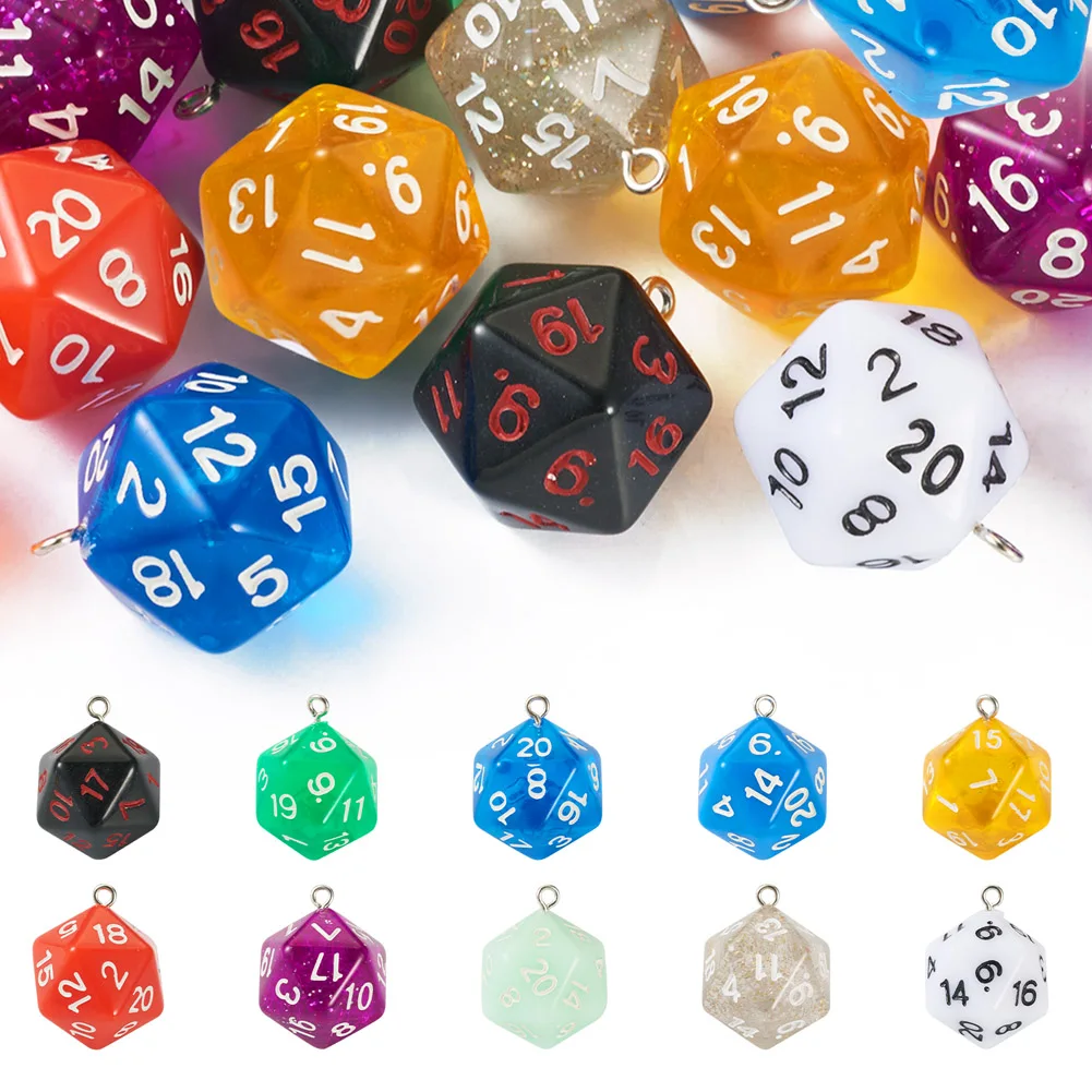 20pcs Resin 3D Polyhedral Dice Pendants 20 Sided Dice Charm for DIY Bracelet Necklace Earrings Keychains Jewelry Making Ornament