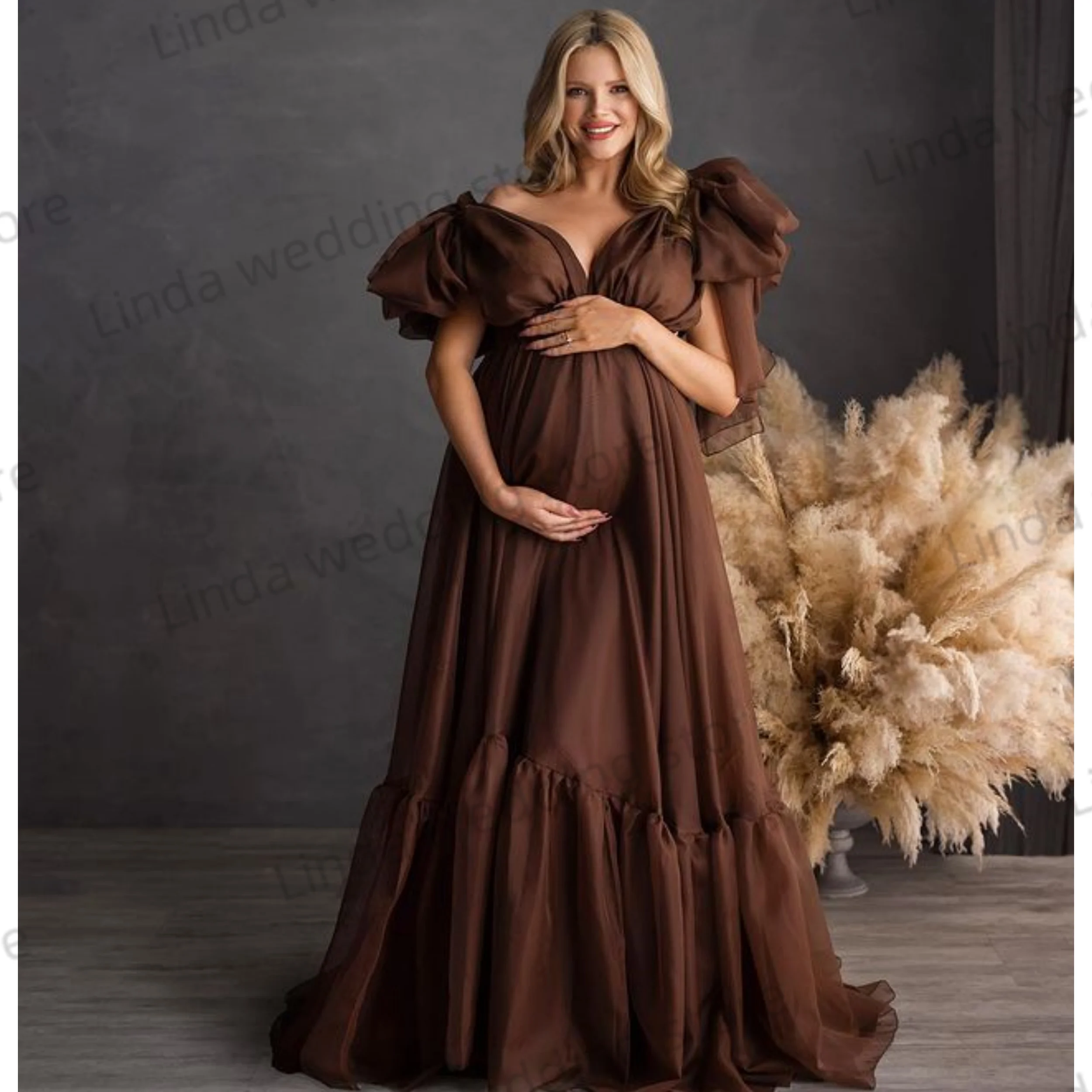 Vestido de maternidad de gasa Chocolate para fotografía, bata para sesión de fotos de embarazada con hombros descubiertos, vestidos para fotos, Baby Shower personalizado