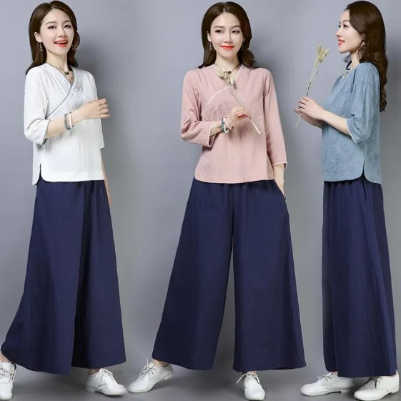 Women's Yoga Clothes Set Hanfu Wide Leg Pants Cotton Linen Blend Zen Style Top Quality Female Fashion Autumn Collection