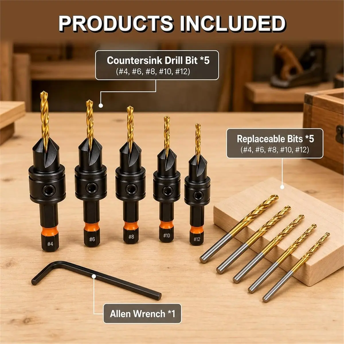 Countersink Drill Bit Set, Countersink Drill Bit Set for Woodworking, 4, 6, 8, 10, 12, 1/4 Inch Spiral Drill Bit