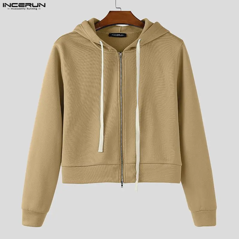 INCERUN الرجال هوديس بلون مقنعين سحاب أكمام طويلة المحاصيل بلوزات الرجال الشارع الشهير فضفاض موضة ملابس خارجية غير رسمية هوديي