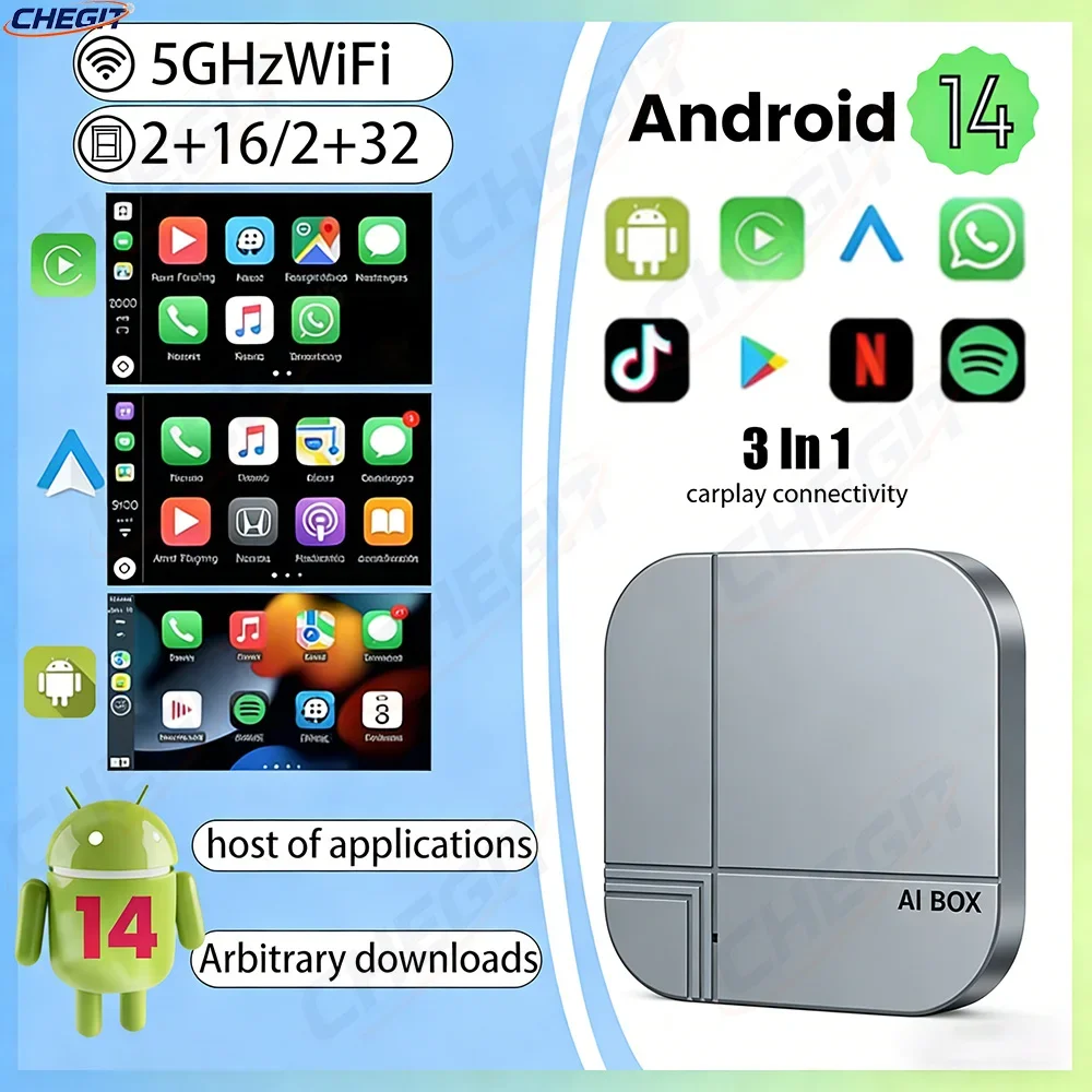 

НОВЫЙ Смарт-бокс 3-в-1 на Android 14 с беспроводным CarPlay и Android Auto, ТВ-приставка, автомобильный мультимедийный плеер с автоматическим подключением для YouTube и Netflix For VW Toyota Nissan Honda Ford Benz