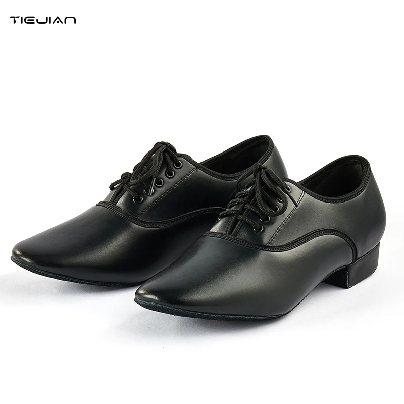 Men\'s Latin Dance Shoes Black Lace-up Leather Low Heel Suede Leather Shoes Tango Waltz Ballroom Dance Shoes