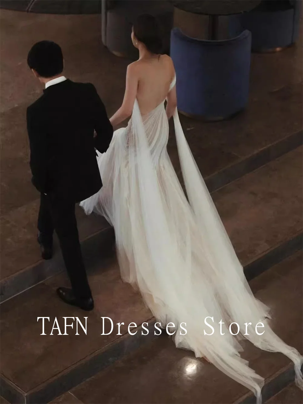 TAFN Dreamy Elegant Backless Nude Evening Dress Sexy Bridal Gown Sleeveless Floor-Length A-line Wedding Dresses