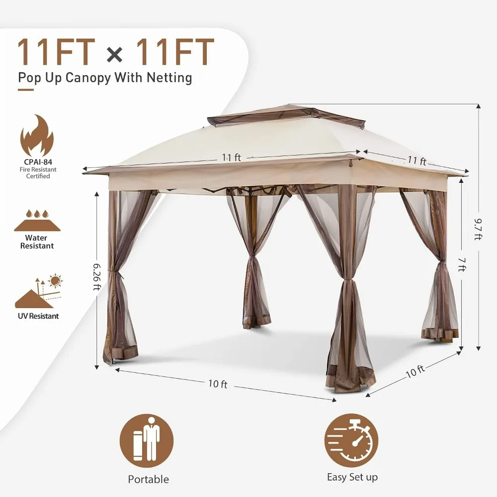 Gazebo, Pop Up Instant Tent with Mosquito Netting Outdoor Canopy Shelter with 121 Square Feet of Shade Easy To Assembly, Gazebo