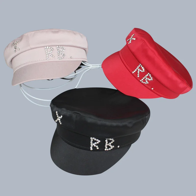 2022 Trendy Satin Letters Flat Top Military Hats Brand Designer Spring Summer Newsboy Cap Crystal Baker Boy Hat Visor