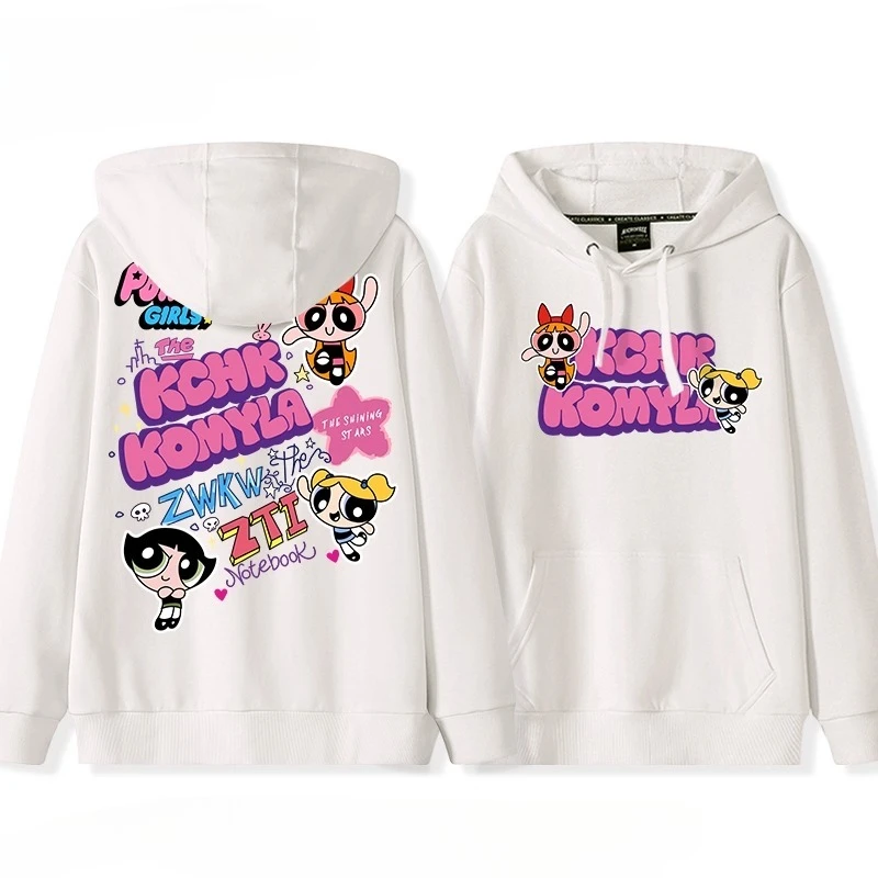 لطيف هزلية Powerpuff الفتيات زهر فقاعات Buttercup طباعة زوجين معطف بقلنسوة في سن المراهقة الخريف والشتاء موضة معطف متعدد الاستخدامات