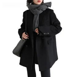 Women Wool Blend Coat Solid Mid Long Woolen Blazer Thick Warm Blouse Women's Overcoat Office Lady Tops Autumn and Winter 2023