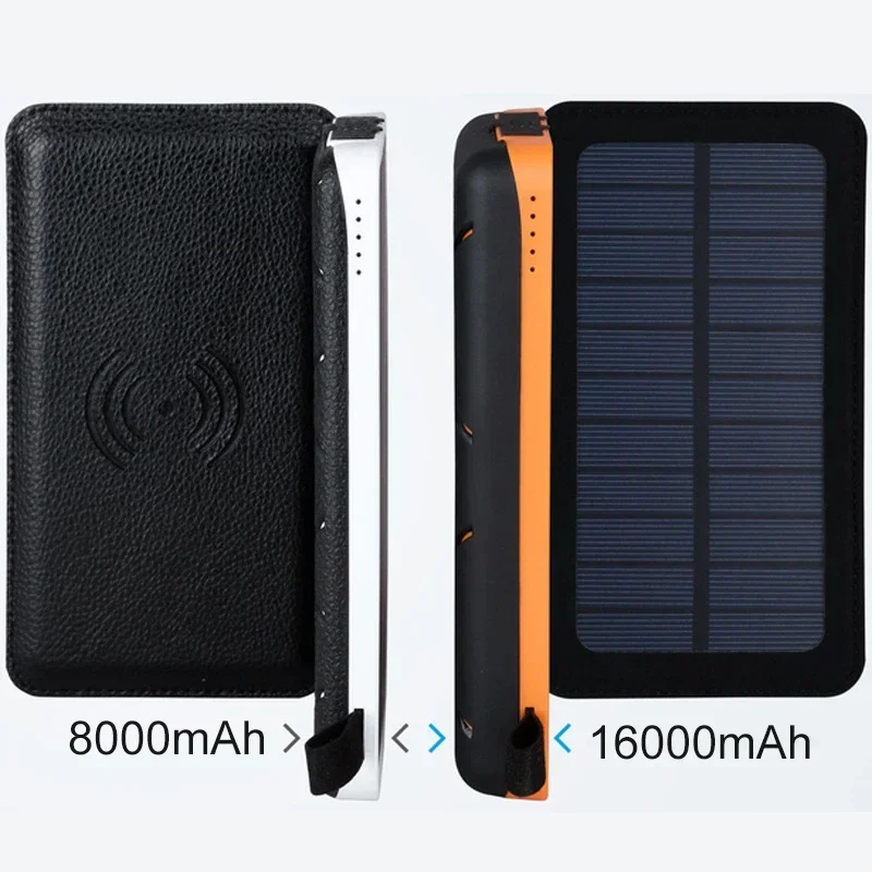 Batterie Externe Solaire 8000mAh, Panneau Pliable, Chargeur Sans Fil Qi, Chargeur de Téléphone