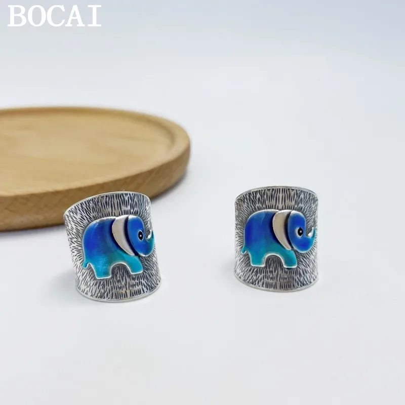 

BOCAI New S925 Silver Elegant Exquisite Fashionable Personalized Enamel Drop Glaze Lucky Elephant Wide Face Ring Gift