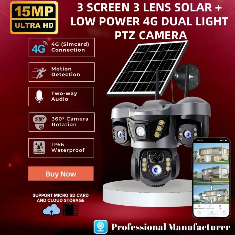 

4G Solar Powered 15MP Triple Lens CCTV Camera 10X Zoom PIR Motion Detection Outdoor Security Surveillance System V380 pro