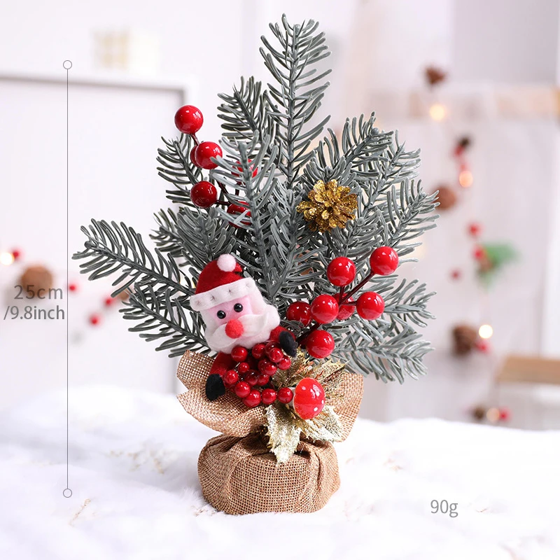 Mini Christmas Tree with Burlap Bag Base DIY Handmade Red Berries Artificial Christmas Tree Tabletop Ornaments