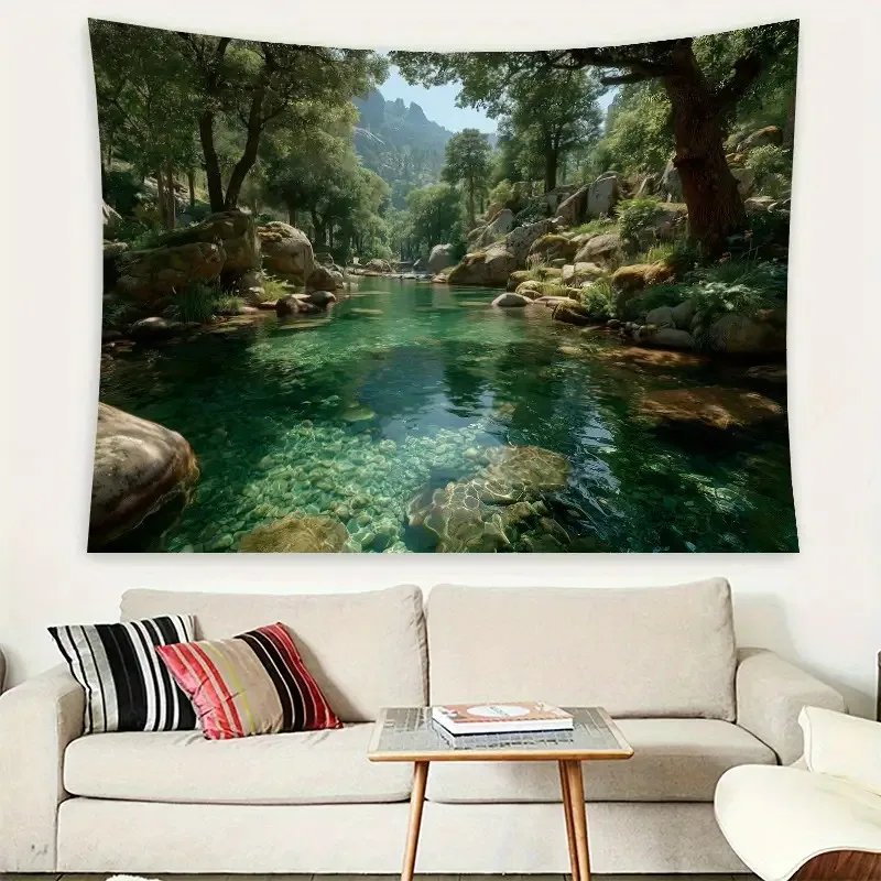 Mountain River Forest Tapestry Serene Nature Wall Hanging Clear Stream Rock Tree Landscape For Meditation Yoga Studio Decor