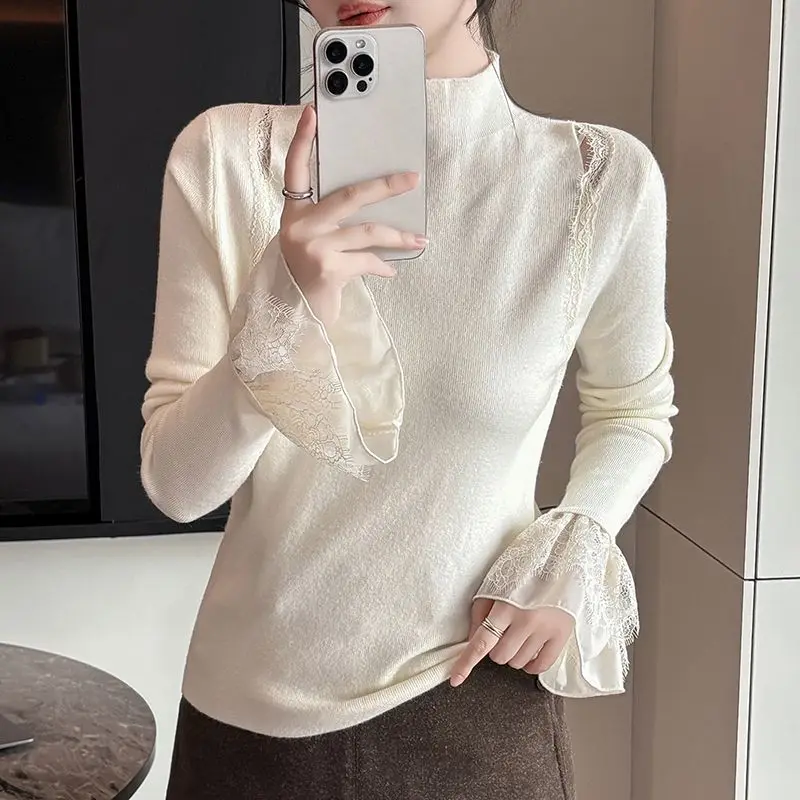 

Autumn and winter new lace long sleeved sweater hollowed out Korean version women's high neck base knitted pullover