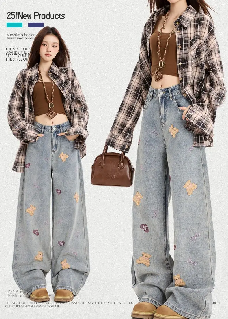 Y2k calças jeans soltas femininas casuais confortáveis retro bordado urso perna larga calças jeans streetwear moda