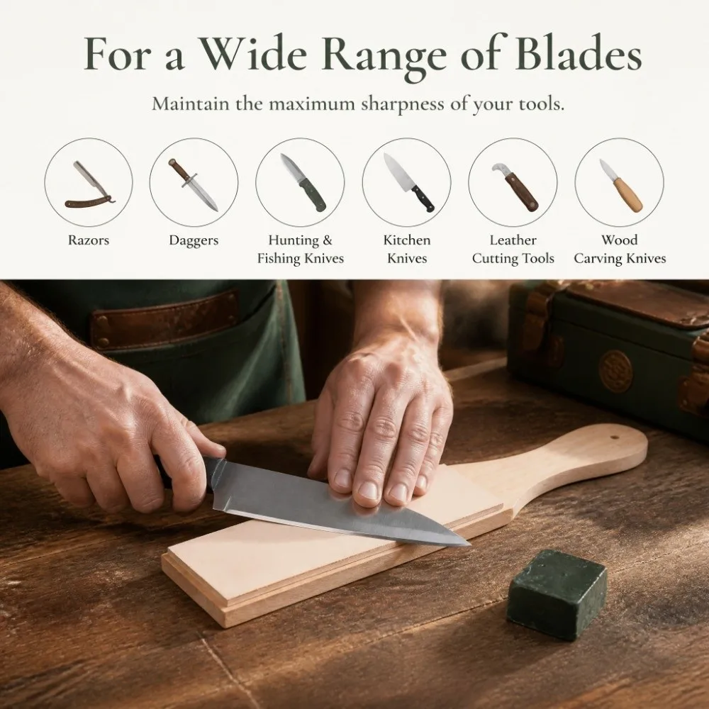 2pcs Dual Sided Leather Strop Ergonomic Handle With Grind Paste Honing Stropping Sharpener Beech Wood Wooden Grinding Board