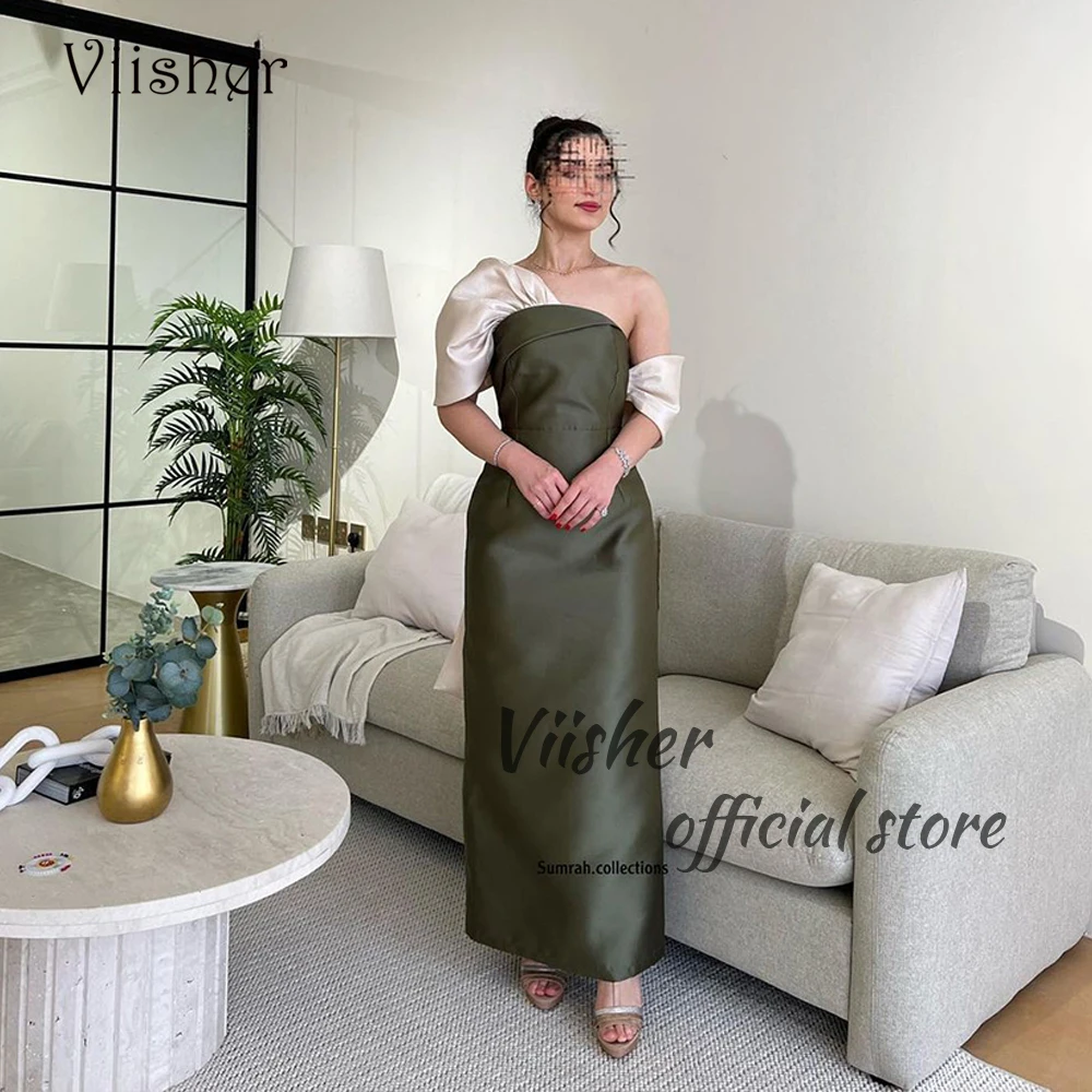 

Viisher Green Mermaid Evening Dresses Off Shoulder Satin Prom Party Dress Arabian Dubai Formal Occasion Gowns Ankle Length